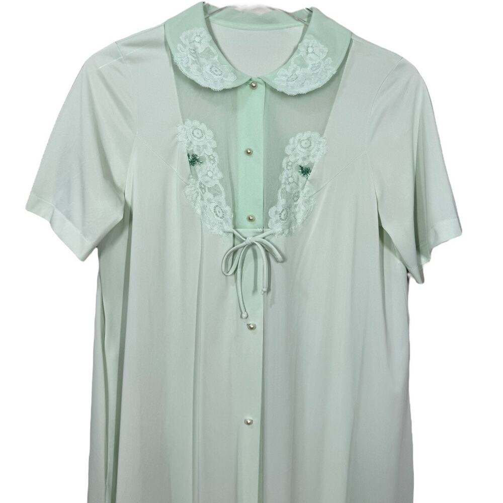 Vintage Shadowline Mint Green Nightgown Small Nylon Lace Floral Robe Sleepwear - Picture 2 of 6
